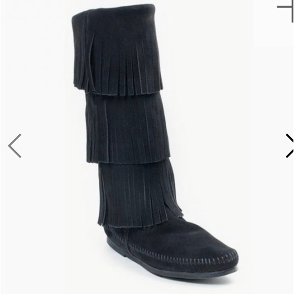 MINNETONKA SUEDE BLACK 3-LAYER FRINGE PULL-ON TALL BOOTS MOCCASINS EUC! Sz8 - Picture 2 of 12